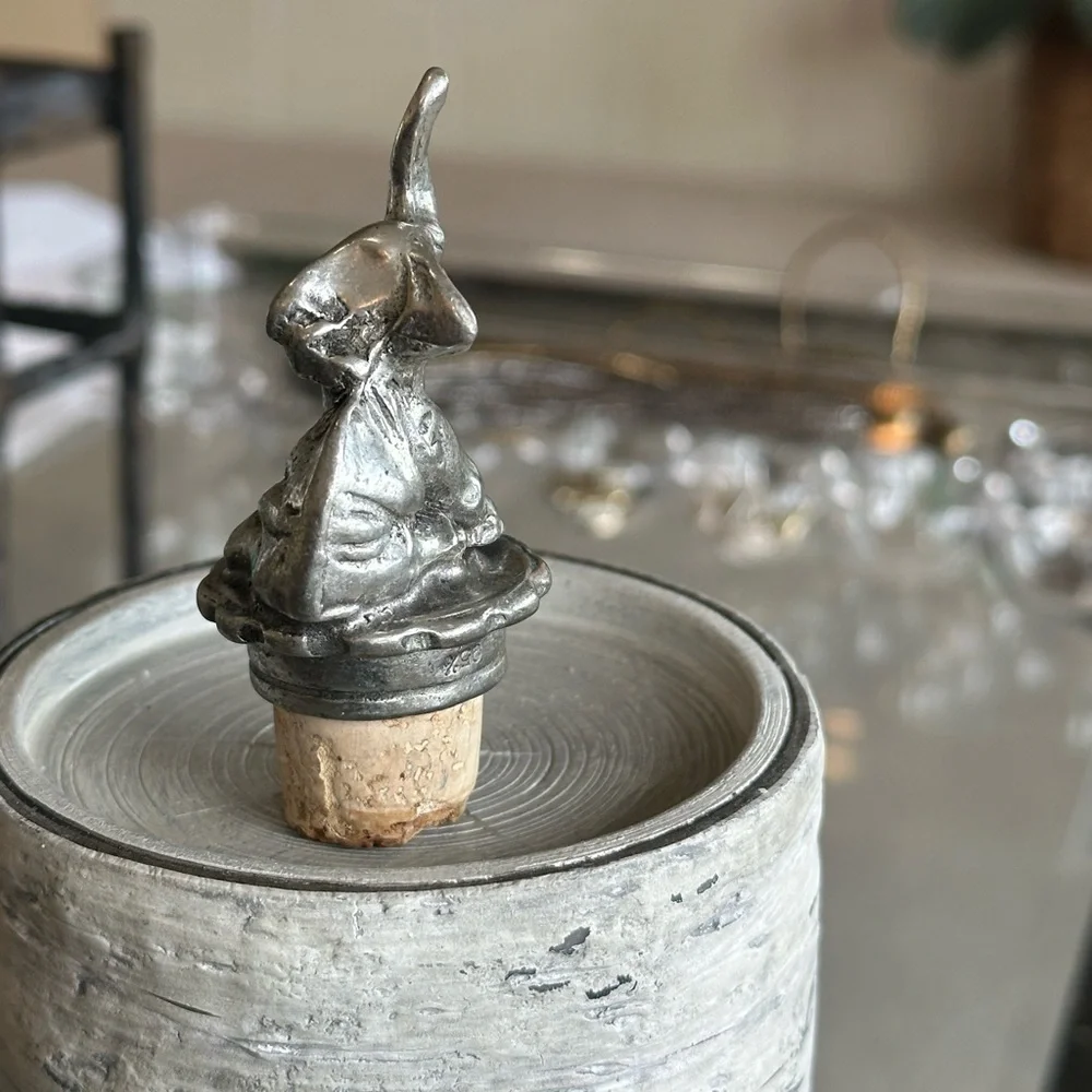 Pewter Cork wine bottle stopper. Elephant with trunk up for good luck